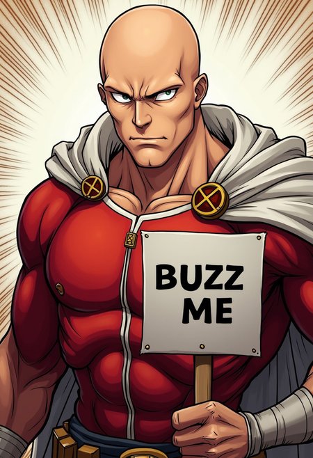 one punch man holding a sign it says " BUZZ ME", source anime, professional, detailed,