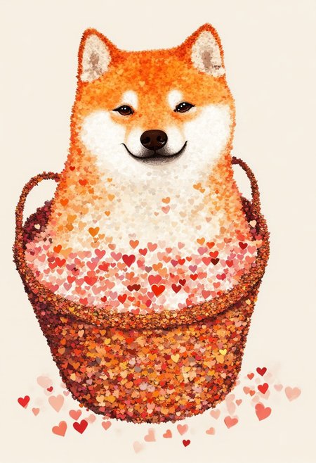 A shiba inu with a basket in its mouth filled with a larged heart,small hearts style