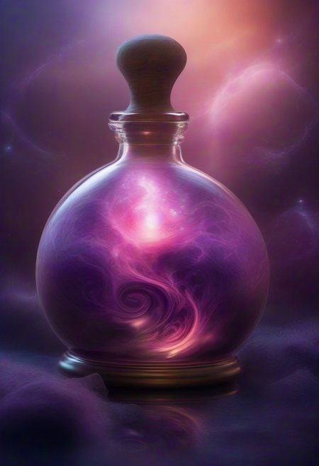 Score_9, Score_8, Photorealistic magic potion, intricate glass bottle, vibrant swirling purple and pink colors, ethereal light, wax seal, cork, dynamic reflections, magical aura, highly detailed, fantasy essence, glowing particles, radiant aura