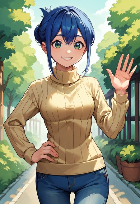score_9, score_8_up, source_anime, 1girl, solo, KanokoMamiya, green eyes, blue hair, short hair, folded ponytail, outdoors, sweater, ribbed sweater, jeans, hand on hip, waving at viewer, smile, <lora:ChamKanokoMamiyaPonyXL:1>