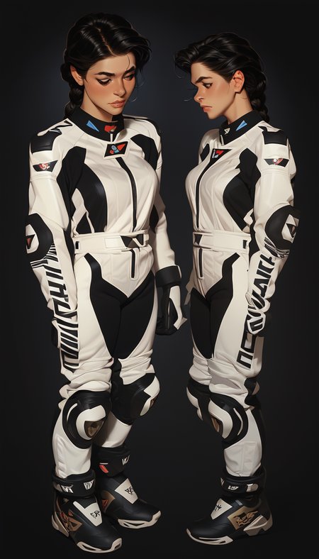 score_9, score_8_up, score_7_up, illustrationl, 1 girl , braid, black hair, female focus,motor bike racing suit, motor bike suit, racing suit,  full body, dynamic poses, , multiple views,  <lora:incase-ilff-v3-4:0.8> <lora:Motorcycle Racing Suit_epoch_9:0.8>