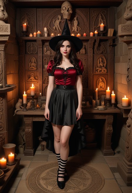 (medium full shot) of man, (Mesmerizing witch) young woman, australian, pale skin, hazel eyes, normal build, dark hair,  wearing deep red satin top, layered skirt, pointed hat, striped stockings, black Mary Janes, serpent familiar, set in  witch coven, Ritual Chamber, Dimly lit space with ancient tapestries adorning stone walls, a large wooden altar in the center, ornate candle holders, ritualistic symbols carved into the floor, and an assortment of mystical artifacts displayed on shelves , woman smiling at the viewer, Masterpiece,best quality, photo, realistic, very aesthetic, detailed face,
