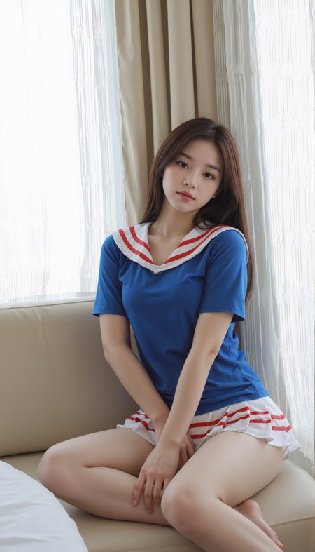 This is a high definition and detailed professional portrait photograph featuring a bronze woman with dark complexion in a sitting pose. She sits cross-legged with her hands resting on her thighs, head tilted slightly forward, and eyes closed. She is wearing SGWN15clothing, a sailor-style outfit wutg blue short-sleeved shirt, a white collar and red stripes and white mini-skirt with red stripes. She wears natural makeup featuring gradient lips and subtle eyeliner.  She is at a corner of a hotel room. The sun is coming through the windows on the left side. There are white curtains on the windows. The time of day is midday.<lora:flux\fxyifu\SGWN15clothing_v1_000003700.safetensors:0.85:0.85> <lora:flux\fxchara\jz5_rank8_bf16.safetensors:0.73:0.73>