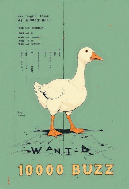 A flat, humorous graphic illustration of a goose standing in a simple diagram-style pose, with clean lines and a green background. The goose has white feathers, orange legs, and a calm stance. Replace all the text and labels with the phrase "Wanted: 10000 BUZZ" written in bold, stylized lettering across the bottom of the image. Maintain the simplicity of the design while emphasizing the central goose figure with no additional elements.