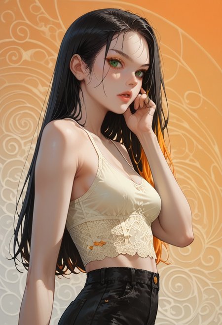 Solo, multicolored hair, Very long black hair with orange streaks, a lot of orange streaks, silk like hair, bright green eyes, pale clean skin, ((medium perky breasts)), perfect eyes, detailed background, home, (bralette, (yellow) laced top) , denim pants, parted lips, playfull expression, one hand on own cheek, cowboy shot, Dutch angle