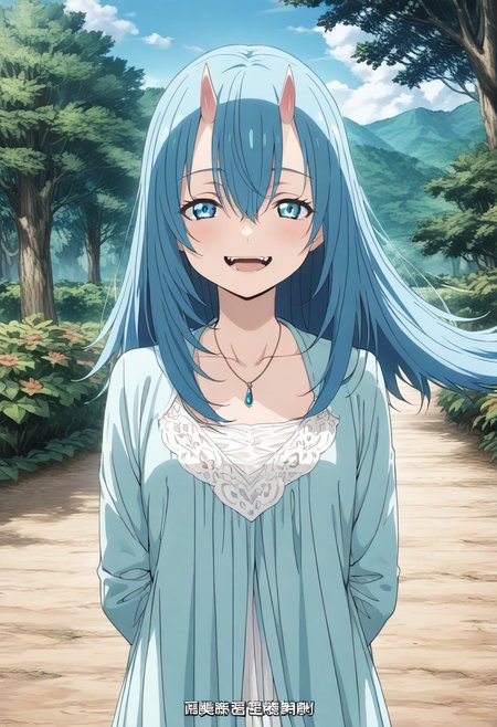 masterpiece, best quality, absurdres, detailed skin, detailed eyes, anime colored, anime screencap,
<lora:Solitaire:0.8>,  1 girl, Solitaire, blue hair, hair between eyes, oni horns, solo, looking at viewer, smile, fangs, upper body,
arms behind back, 
 outdoors,