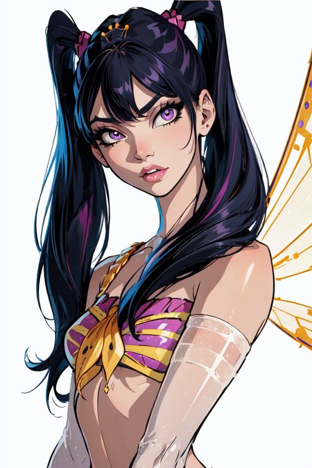 (Musa:1.5), (fairy wings), purple hair, twintails, two piece outfit, purple eyes, bangs, (solid white background, white background:1.5), (realistic:1.2), (masterpiece:1.2), (full-body-shot:1),(Cowboy-shot:1.2), neon lighting, dark romantic lighting, (highly detailed:1.2),(detailed face:1.2), (gradients), colorful, detailed eyes, (natural lighting:1.2), solo  <lora:WinxClubEnchantixMusa-10:0.8> <lora:add_detail:0.3> <lora:BeautifulEyes:0.6>