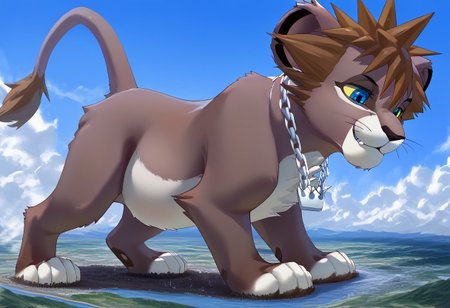 Safe_pos, score_9, score_8_up, score_7_up, detailed face, best quality, 1boy, solo, masterpiece, detailed background, beautiful, detailed eyes, mature male, giantess, macro
side view, lien,
solo focus, 1male, LionSora, male lion, felid, feral, blue eyes, yellow sclera, spiky hair, chain necklace, brown hair, brown fur, brown body, white fur, white body, two tone body, two tone fur, black nose, whiskers, tail, fangs, On fours, tail, ((full body view)),chubby,colossal,face focus,
 standing, seductive pose, light smile, narrowed eyes,
long river, skyline, cityscape, destroyed cityscape,  earthquake, steam, fog, craters