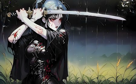 score_9,score_8_up,score_7_up,score_6_up,score_5_up,score_4_up,source_anime BREAK holds katana,katana,(ponytail:1.2),1girl,japanese_armor,glowing eyes,blood from eyes,red eyes,in autumn,rain,in a meadow,wheat field,tall grass,<lora:STNST:1>,STNST,retro aesthetic,vintage,grunge,scratches,film grain,eerie,intense,gothic,dark,horror,scratches,vintage texture,grunge effect,film grain,retro aesthetic,high contrast,retro film grain,eerie,mysterious,intense,edgy,gothic,dark,horror,vintage,grunge,