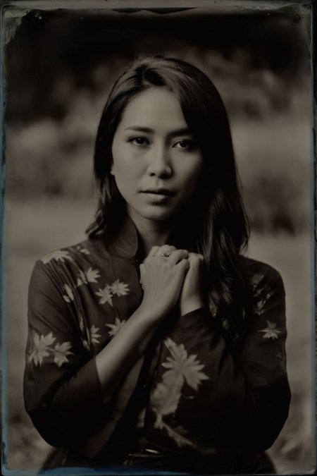 monochrome (wetplatecollodion:1.2),
a asian woman wearing native outfit,
elegant, elbows out, silhouette, nature,
selective focus
<lora:fix_hands:1>
<lora:Wet Plate Collodion_SDXLBase-V2:0.9>
