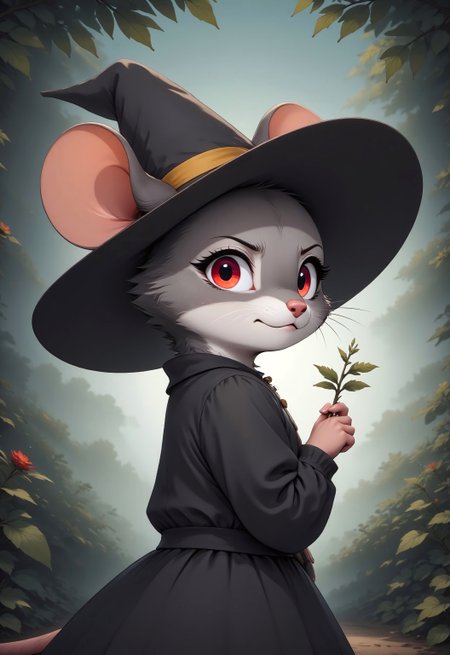 m0use_fstyle. Cute Cartoon female mouse is looking at the viewer with an irritated expression. Mouse has delicate gray fur with black ears and burning red eyes. She wears a black dress and a witch's hat. Her hat has a yellow band around it and a sprig of mistletoe is stuck in the band. Viewed from the side. Upper body focus. Head focus. Magical forest background,