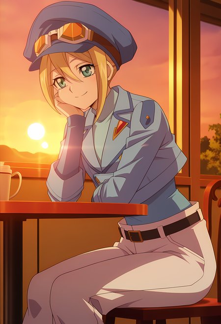 masterpiece,best quality,amazing quality,

1girl, solo,

Megumi Okura (Cardfight Vanguard), blonde hair, hair between eyes, green eyes,

short hair, hat, blue headwear, cabbie hat, goggles, uniform, cropped jacket, blue shirt, long sleeves, blue jacket, belt, white pants,

Smile, hands on table, Hand leaning on cheeks,

cinematic, 

Sit, sitting, cafe, afternoon, sunset, 

Lens flare, bloom,

Official style, anime screencap, anime coloring,
















