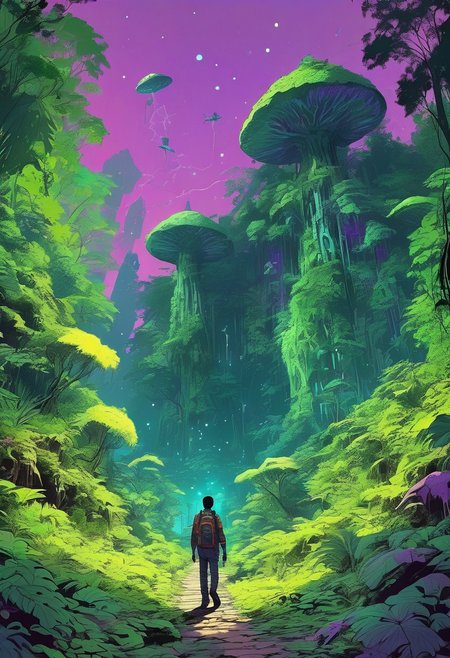 1 man, A lone traveler, walking through a dense, mystical forest , magical forest, ancient forest, big plants, fern, Podophyllum, Colocasia, big leaf, rocks, wildflower, mushroom,  plane crash covered with plants, with towering ancient trees, creepers, glowing plants, glowing lights, neon, neon light, and a distant light guiding the way, scary, horror, cinematic, epic, poster, digital painting, colorful, green, orange, purple, blue, dark colors, intricate details, adventure, science fiction, Asaf hanuka, uplight, 35mm