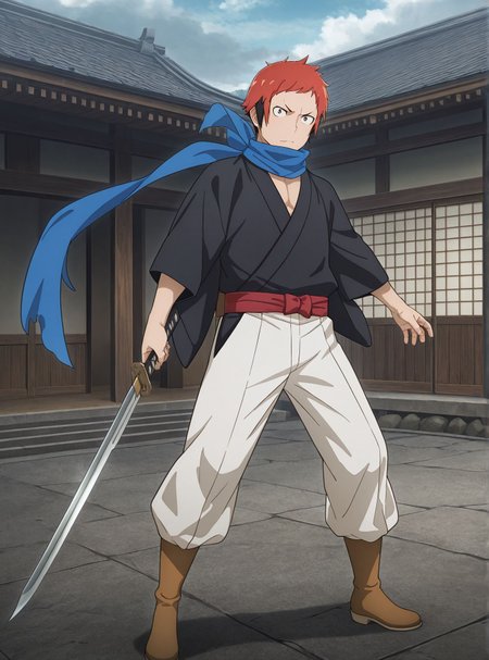 masterpiece,best quality,amazing quality,very aesthetic,absurdres,newest, huge filesize, <lora:spo_sdxl_10ep_4k-data_lora_webui:0.5>, <lora:add-detail-xl:1> 
fullmetal alchemist, official art, 
BREAK
<lora:DANMACHI_V3:1>DANMACHI_V3,
DANMACHI_V3, 1boy,  male focus, red hair, boots, black hair,blue scarf, 
white pants, standing, pants, full body,  D_welf ,black kimono,red obi,holding sword,