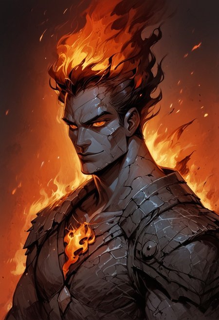 score_9, score_8_up, score_7_up, BREAK, 1men portrait, dramatic lights ((Mature and imposing, barbarian, fighter, human, grey skin, grey colored skin, cracked skin, cracks on skin, CrackedMagma, orange eyes, glowing eyes, friendly smile, scars, scars on face, multiple scar, vulcanic,magma cracks, magma, covered with black flame, black flame aura, black flames, black fire, dark fire, Cracked Porcelain, Cracked Porcelain skin, stone skin,))
<lora:Fant5yP0ny:0.6> <lora:fantasy_world_pony:0.9>
<lora:Cherry-Gig:0.55>