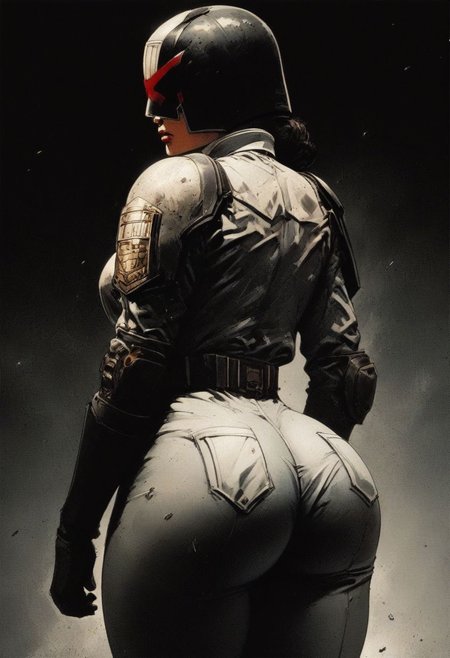 score_9, knva, halftone effect, 1girl, (judge dredd), (judge dredd uniform), huge ass, by Serpieri,