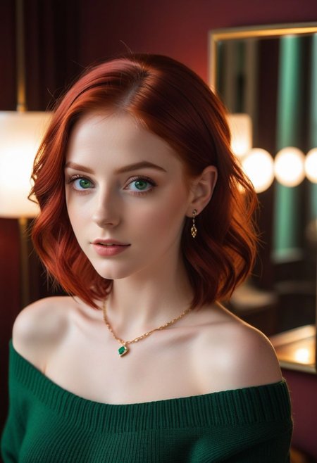 realistic, hyper realistic, real life, analog style, raw, photo, masterpiece, (alluring eyes), (perfect face, detailed face), (a girl), hime cut hair, crimson red hair, emerald eyes, small breasts, puffy breasts, perky breasts, (off-shoulder sweater dress), piercings, (petite body), happy expression, (bedroom room in front of a mirror), dappled lighting, (backlighting:0.7),
