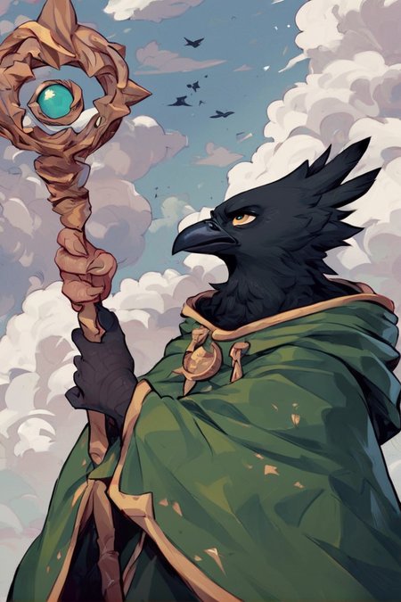 source_furry , black crow, wearing a green wizard cloak, holding a staff in hand, looking up, cloudy and thunder in background, windy, serious and aggressive expression, looking slightly up, fantasy, <lora:Dont_jinxit_artist_style:0.8>, score_9, score_8_up, score_7_up,
