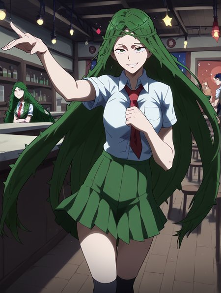 score_9, score_7_up, rating_explicit, dynamic pose, cowboy shot, <lora:Expressive_H:.9>, Expressiveh, 1girl, <lora:SlimesIbara:1>, slimes_ibara, very long hair, green hair, vine hair, thorns, dark green eyes, medium breasts, smiling, u.a._school_uniform, short sleeves, white collared shirt, red necktie, green skirt, pleated skirt, black socks, brown loafers, aged up, <lora:StS_age_slider_v1_initial_release:2.5>, <lora:MatureFemalePony:.6>, MILF, mature female
, indoors, in a bar, <lora:lowlight:.7>, night, night sky, stars, red moon, red lighting, <lora:MisconStyle2:1>, misconstyle