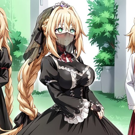 safe_pos, ((((masterpiece)))), ((best quality)), ((expressive eyes)), perfect face, ((expressive face)), perfect hands, (((((detailed hair))))), perfect legs, (((1 Girl))), very long hair, (((absurdly long hair))), (((((blonde hair))))), (((long side hair))), (((((single braid))))), hair between eyes, bangs, (((blushing))), ((((smiling)))), (((hairband))), ((black hairband)), girl inside castle, big breasts, huge breasts, ((((large hair ribbon)))), ((((black ribbon)))), ((((low-tied long hair)))), (((((low braid))))), ((hair ribbon on braid)), ((black bow)), ariel anemoi, takao, (Green Heart \(neptunia)\), (((french braid))), ((((ponytail)))), hair intakes, (((green eyes))), symbol-shaped pupils, ((((victorian black dress)))), (((lace trim))), (((long dress))), (((lace gloves))), (((juliet sleeves))), ((long sleeves)), ((((black wedding veil)))), (((silver tiara))), MayumiSakura, hair ribbon, (((mouth veil))), (((hair black veil))), ((wedding black dress)), (((bridal black veil))), ((frills)), ((frilled sleeves)), nashetania, single braid, (((braided ponytail)))