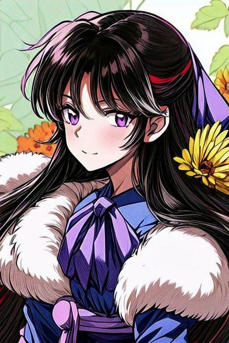 masterpiece,  best quality 1girl Setsun4 solo long hair,  (night time) forest background black hair very long hair purple eyes multicolored hair armor (fur trim) (medium body),<lora:EMS-179-EMS:0.800000>,<lora:EMS-293862-EMS:0.800000> bow, hair_bow, hair_tubes, red_bow, brown_hair, long_hair, bangs, ascot, frilled_bow, yellow_ascot, blush, smile, hair_between_eyes, athletic