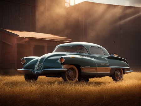 Farm with oldtimer car, retrofutur5-400, carhelper, god rays, dust particles, volumetric lighting, 10mm, perfect composition, depth of field, sharp focus, centered, photohelper midjourney Style-Winter