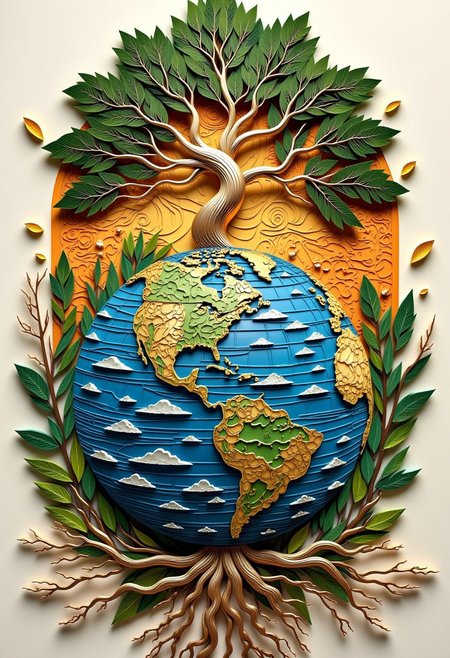 layered paper depiction  of a surreal carving style artwork (Earth depicted as a delicate balance of ecosystems, intricate details, surrealistic style, environmental theme, On the top is 1(Tree of life) symbolizing ecological balance and harmony, detailed intricate roots and branches, vibrant colors, high resolution, inspirational, ecosystem), Surreal backdrop with a Zentangle-style background, high detail, traditional paper cut art, golden palette, dynamic composition, artstation, 4k resolution, masterpiece