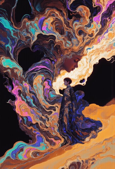 A hyper-realistic, panoramic scene of an adult woman with voluminous, intricately braided burgundy hair interwoven with thin, shimmering strands of gold that catch the light with each movement. She wears a luxurious midnight-blue gown crafted from fine, heavy brocade, adorned with intricate star and moon motifs embroidered in silvery threads. The gown’s fabric transforms surreally as it descends, shifting into vibrant, eye-catching patterns of swirling colors — waves of bright turquoise, magenta, and neon yellow morph into surreal gaseous forms and swirling shapes that appear almost alive, radiating a luminous glow. The train trails 10 meters behind her, flowing like a river of the night sky imbued with bursts of color. The landscape is an exaggerated, golden desert with dramatic, towering dunes that seem to twist and shift under the vast sky. Above, the sky is painted with swirling hues of violet, pink, and deep indigo, dotted with projections of surreal, luminous shapes that pulse and shift like living constellations. Fantastical, glowing orbs float sporadically above the sand, casting an ethereal light on the scene. The camera captures a wide, low-angle view that emphasizes the luxurious gown as it sweeps over the textured sands, merging seamlessly with the vibrant, surreal patterns and projections that give the desert a dreamlike, otherworldly quality. ((DB4RZ, DB4RZ style painting, FFAIM))