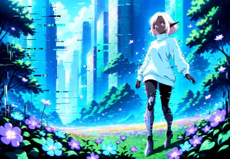 masterpiece, glitch, absurdres, anime style, ghibli, fairytale, 1girl, Elysia, dark elf, obsidian skin, short white hair, flickering bright violet eyes, robotic prosthetic arms, robotic prosthetic legs, wearing a black and white sweater dress with turtleneck, walking through a garden of crystal flowers in a digital cyberpunk city
