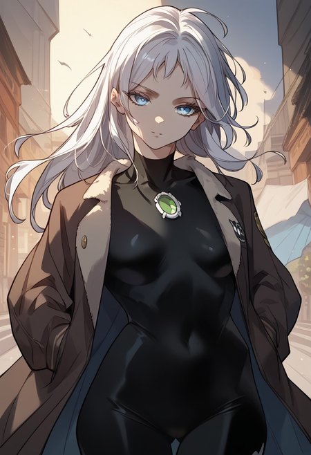 zPDXL3, score_9_up, score_8_up, score_7_up, (Anime_source), 1girl, SituLiu, blue eyes, white hair, long hair, black bodysuit, floating hair, seductive, leaning towards, cowboy shot, looking at viewer