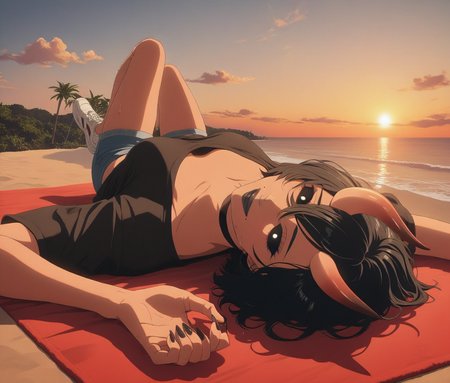 LDSCH Style, aesthetic, (masterpiece, newest, 2024, absurdres, very awa, intricate details:1.4) looking at viewer, cute, detailed hair, absurdres, masterpiece, very aesthetic, red theme, sunset, golden hour, clouds, tropical tree, vegetation, rocks beach, sand, ocean, ocean waves, water,  lens flare, , beach, laying on back on a red towel, wet, lying down, towel, smile, 1girl, black hair, short hair, bob cut, bangs, hair between eyes, hair over one eye, asymmetrical horns, oni horns, skin-covered horns, black eyes, black sclera, sclera, closed mouth, mole, mole under mouth, black lips, lipstick, makeup, white loose shirt, blue denim shorts, white sneakers, <lora:Fortnite_-__The_Night_Rose_ILXL_-_All_Outfits:0.9> <lora:LDSCH:0.8>