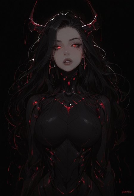 demon woman, score_9, score_8_up, score_7_up, score_6_up, a woman, robot girl, robot arms, robot legs, perfect cute face, perfect beautiful face, long hair, glowing white eyes, large breasts, squeezing breasts together, seductive, sexy pose, narrow waist, wide hips, dynamic angle, ultraHD, ultrarealistic, nightime, moonlight, futuristic, Expressiveh