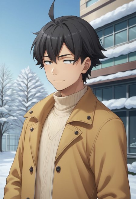 score_9, score_8_up, score_7_up, source_anime, highly detailed, 
hachi, 1boy, male focus, solo, black hair, sweater, outdoors,  tree, upper body, snow, building, black eyes, ahoge, jacket, smile, closed mouth,