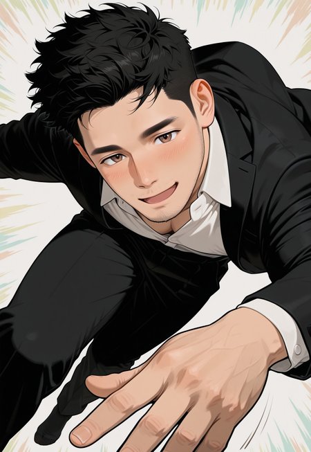 hu99y, 1boy, stubble, flying, black_suit, white_shirt, open collar, black_socks, black_hair

 ,sharpie background, (colorful background:1.3), motion line, motion blur

,(eyelashes), blush, (mature), (brown_eyes), windy, dynamic shot, 

,masterpiece, best quality, very aesthetic,absurdres,newest, highest detailed, windy, film grain, look at viewer, muted color, limited palette, excited, open mouth, open palm reaching out