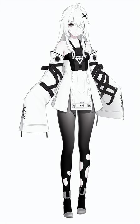 8k, best quality, masterpiece, (ultra-detailed), (high detailed skin), (by nanoless, by misumi \(macaroni\),:0.5), 
A full-body portrait of a young girl, standing gracefully, pastel art style, high-key lighting, shoujo manga influence, hd quality, delicate details, 
full body, full shot, standing, looking at viewer, (solo:1.2), simple background, white background, 
<lora:21XXI-sd-Tanger-000019:0.8>, 
21XXI, 1st clothes, x hair ornament, 1girl,  long hair, white hair, torn clothes, pantyhose, torn pantyhose, grey eyes,  sleeves past wrists,  bandage over one eye,