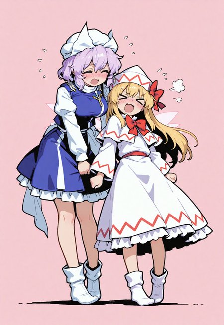 score_9, score_8_up, score_7_up, source_anime,
high res image, masterpiece, best quality, absurdres, scenic,
very awa, nyalia, simple background, white/pink background, 2girls,
break,
1st girl, letty whiterock, unsteady on feet, leaning body,
closed eyes, wavy mouth, being pushed away by 2nd girl,
break,
2nd girl, lily white, pushing 1st girl's back, pushing girl away, ><, happy, leaning forward, blush,
