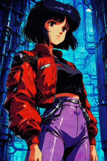 masterpiece, best quality, knva, retro artstyle, bloom, high contrast, detailed texture,,1girl, medium breasts, black hair, short hair, bob cut, red jacket, high-waisted pants, purple pants, zipper jacket, futuristic, sci-fi, cyberpunk, standing, hands in pockets, confident expression, blue background, industrial setting, pipes, beams, light reflections, detailed textures, shading, vibrant colors, high contrast, dynamic pose, character design, strong lighting, 1980s anime, mechanical elements, urban environment, retro-futuristic, bold lines, iconic style,
