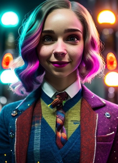 3N1DS1NCL41R, award winning waist up photo of Enid Sinclair, masterpiece, best quality, highest quality, (realistic lighting:1.004), nsfw, light particles, low angle, perfect face, intricate (high detail:1.1), official art, (1girl solo), sharp focus