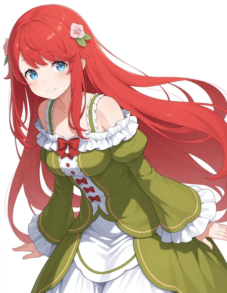 <lora:Theresia van Astrea Illu:1>
1girl, solo, 
theresi4, red hair, blue eyes, long hair, 
theresi4dress, green dress, off shoulder dress, bare shoulders, hair flower, frills, frilled sleeves, red bows, white pantyhose, white skirt, long skirt, juliet sleeves,
upper body, smile, looking at viewer, 
simple background,  background, white background,, masterpiece, best quality, amazing quality