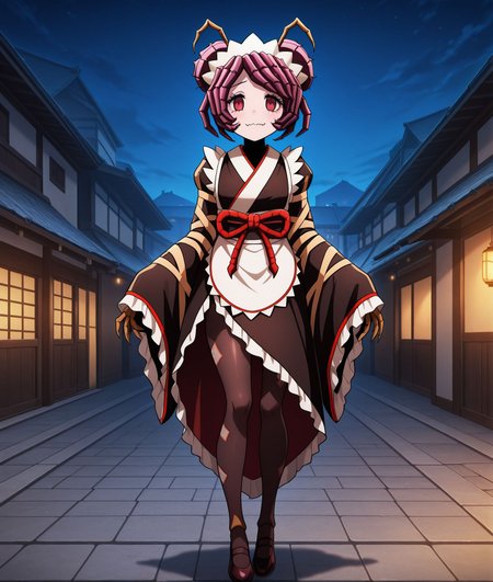 masterpiece,best quality,amazing quality,very aesthetic,absurdres,newest, huge filesize,
<lora:spo_sdxl_10ep_4k-data_lora_webui:0.5>,
<lora:add-detail-xl:1> anime screencap,  overlord,official art, 
BREAK
<lora:overlord_The_Sacred_Kingdom_V2:1>overlord_V2,
1girl,arthropod girl,full body, night, outdoors, town,
maid headdress, monster female,  closed mouth, 
double bun,hair bun,apron,  fake face, light smile, 
antennae,japanese clothes,pantyhose, 
pantyhose,sleeves past wrists, wavy mouth, 
red eyes,purple hair,  fang, arthropod hand,
monster girl,looking at viewer,
maid,kimono,o_Entom,
entoma vasilissa zeta,