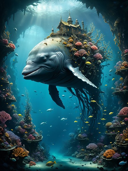 (Deep-sea expanse:0.5),(biomechanical ballet:1.6), beneath the waves, a massive robotic whale, its body adorned with luminescent runes, swims alongside a pod of its organic counterparts. Their harmonious songs, a mix of organic trills and digital harmonies, resonate through the water, summoning schools of mechanical fish that shimmer like liquid metal. Among the coral gardens, octobot guardians tend to glowing anemone servers, storing the ocean's memories. Hidden in the abyss, a submerged city of ancient AI awaits reactivation, its structures resembling both temples and motherboards. (Fauna intricacies by Brian Froud:1.4), (underwater luminance by James Gurney:1.2), (abyssal depths by Yoko Honda:1.3), 16k, Substance Painter Marvel, underwater refraction masterwork, harmonic blend of marine life and mech, captivating depths of oceanic memory.
<lora:xl_more_art-full_v1:1>