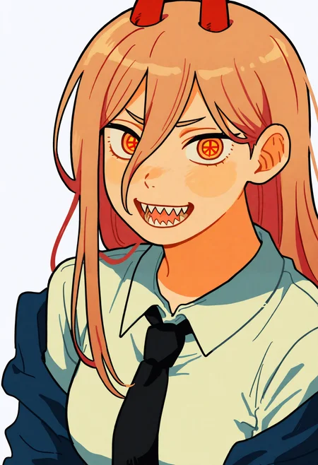 best quality, amazing quality, very aesthetic, absurdres,
BREAK
1girl, power \(chainsaw man\), pink hair, blonde hair, red horns, red eyes, cross-shaped pupils, long hair, sharp teeth, hair between eyes, symbol-shaped pupils,
collared shirt, black necktie, long sleeves,
looking at viewer, white shirt, open mouth,
simple background, white background, smile, upper body,  <lora:Sihyun25Noob_byKonan:1>