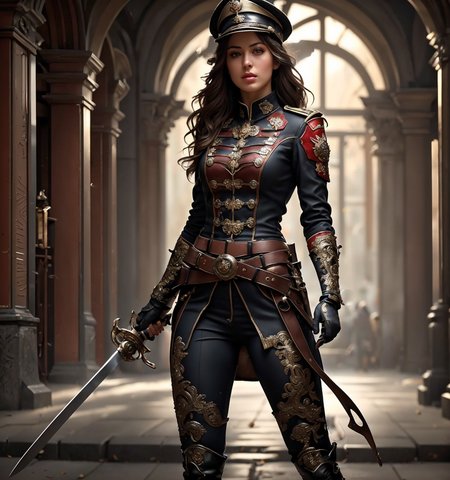 RAW photo, (masterpiece:1.3), subsurface scattering, heavy shadow, (high quality:1.4), (intricate, high detail:1.2), professional photography, HDR, High Dynamic Range, realistic, ultra realistic, photorealistic, high resolution, film photography, ambient lighting, atmospheric effects, <lora:detail_slider_v4:2>, 1girl, belt, boots, buttons, gloves, holding sword, holding weapon, long hair, military hat, pants,uniform, simple background, solo, standing, wavy hair, femun, <lora:FemaleUniform:0.8>, upper body, epiCPhoto