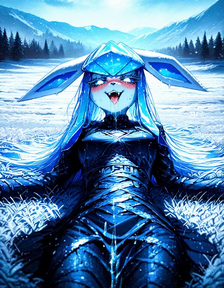 pokemon, glaceon , 1girl, ban! \(bansankan\):0.7, quasarcake:0.8, wlop:0.9, animal_ears ,animal_nose,blue_fur ,blue_hair ,blue_sclera, blue_sky ,blue skin,blue_theme, blurry, blush, body_fur, breasts,colored_sclera, cowboy_shot ,  fang, furry ,furry_female,  happy , medium breasts, looking_down , nose_blush, outdoors, personification ,pokemon_(creature),long_hair, shiny_skin ,sidelocks,sky, smile, solo ,sweat , tail ,white_eyes, long_sleeves, black_shirt ,black dress,leg_ribbon, ,
 pov, looking at viewer, lying, tongue ,tongue_out , open mouth, saliva,saliva_trail ,saliva_drip ,on back, licking ice,
snowy, snow, outdoors, field, mountain, cloudy sky, trees, fr0stwrld, ice ,
masterpiece, best quality, Good quality, very aesthetic, absurdres, newest, (Perfect details), solo,
<lora:Fr0stWrld4:0.7>, <lora:ponyv5_noobV065S_1_adamW:0.8>, <lora:illustrious_noobai_epsilon_pred_1_best_quality_v1:0.7> ,<lora:illustrious_noobai_epsilon_pred_11_very_aesthetic_v1:0.7> ,<lora:illustrious_noobai_epsilon_pred_1_masterpieces_v1:0.7>