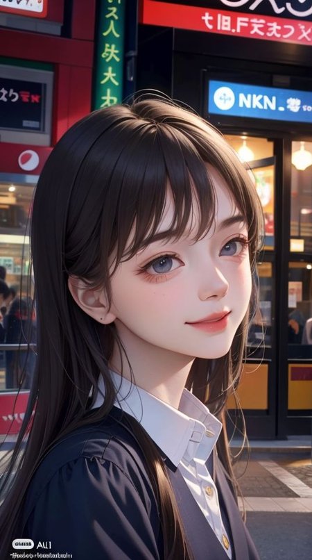 upper body shot,(8k, best quality, masterpiece:1.2), (realistic, photo-realistic:1.37), ultra-detailed,beautiful detailed sky,detailed cafe,night,sitting,dating,(nose blush),(smile:1.15),(closed mouth),beautiful detailed eyes,(smile:1.15),(closed mouth),beautiful detailed eyes,JK uniform, school unifrom, skirt, black pantyhose, high heel, street, city view, outdoor,  shibuya \(tokyo\), shinjuku \(tokyo\),