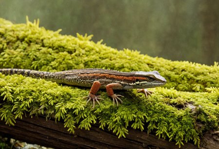 Cinematic, Cinematic Lighting, Cinematic Shot, extremely detailed, Film Still, macro photography, depth of field,  high detail, hires textures, incredibly detailed, intricate details, intricate diorama, masterpiece, Movie Still, outstanding intricacies, photorealism, true masterpiece, fountain background, glamourous, Stately, lizard, skink, cry5t415ku11, Pleocoma badia, Pacific Northwest conifer forest, sitting beneath a rotten log with mold and moss.