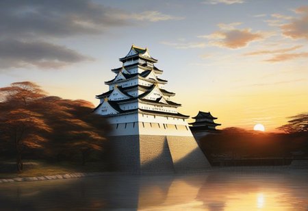 masterpiece, photorealistic,  landscape,WhiteMold Osaka Castle, rising sun