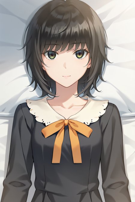 score_9, score_8_up, score_7_up, source_anime, rating_safe, intricate details, anime screencap, official style, 1girl, solo, <lora:Yaegaki_Erika:1>, erika, black hair, dark eyes, medium hair, collarbone, black dress, frilled collar, long sleeves, orange ribbon, looking at viewer, expressionless, indoor, cowboy shot, lying on bed, smile