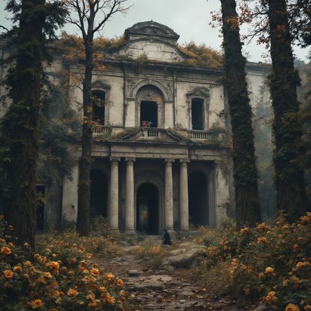 an abandoned ancient mansion with columns in front, in a forgotten garden among tall trees