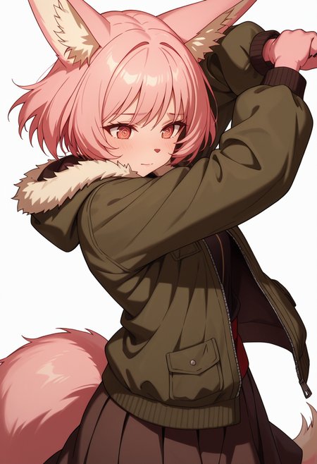 Smooth Quality,masterpiece,very intricate, high quality details, ultra realistic, high detailed skin,detailed enviorement,absurdres,
simple background, white background, dancing, solo,dynamic angle,
 <lora:Til_CNR:0.8> til_cnr, 1girl,pink hair, short hair, bangs, red eyes, animal ears, fox ears, animal ear fluff, fox tail, furry female, animal hands, claws,, afterglow,, @ @,, zip-up hoodie, ,fur-trimmed jacket,  ,skirt,,